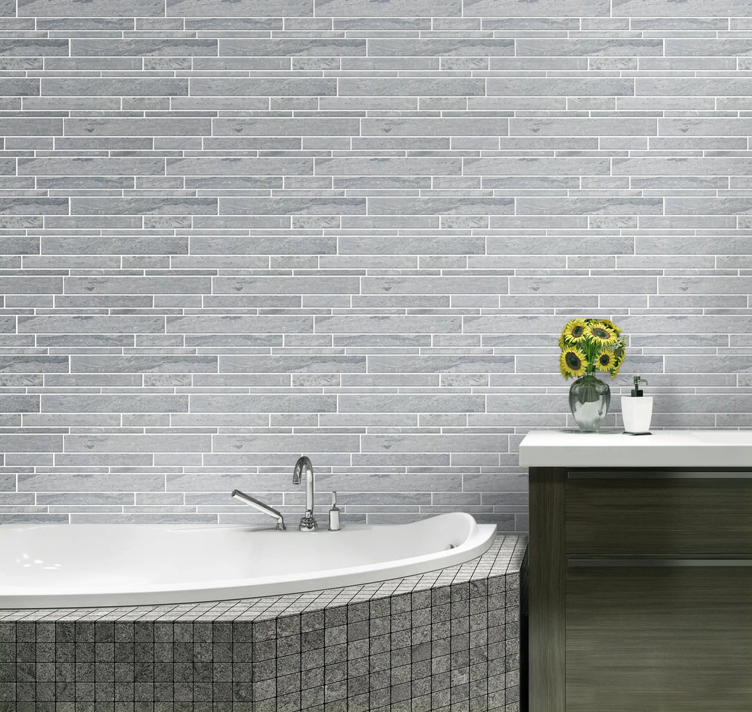 Mountain Blue Random Strip 13-in x 12-in Honed Marble Mosaic Floor and Wall Tile(1.08-sq. ft/ Piece)