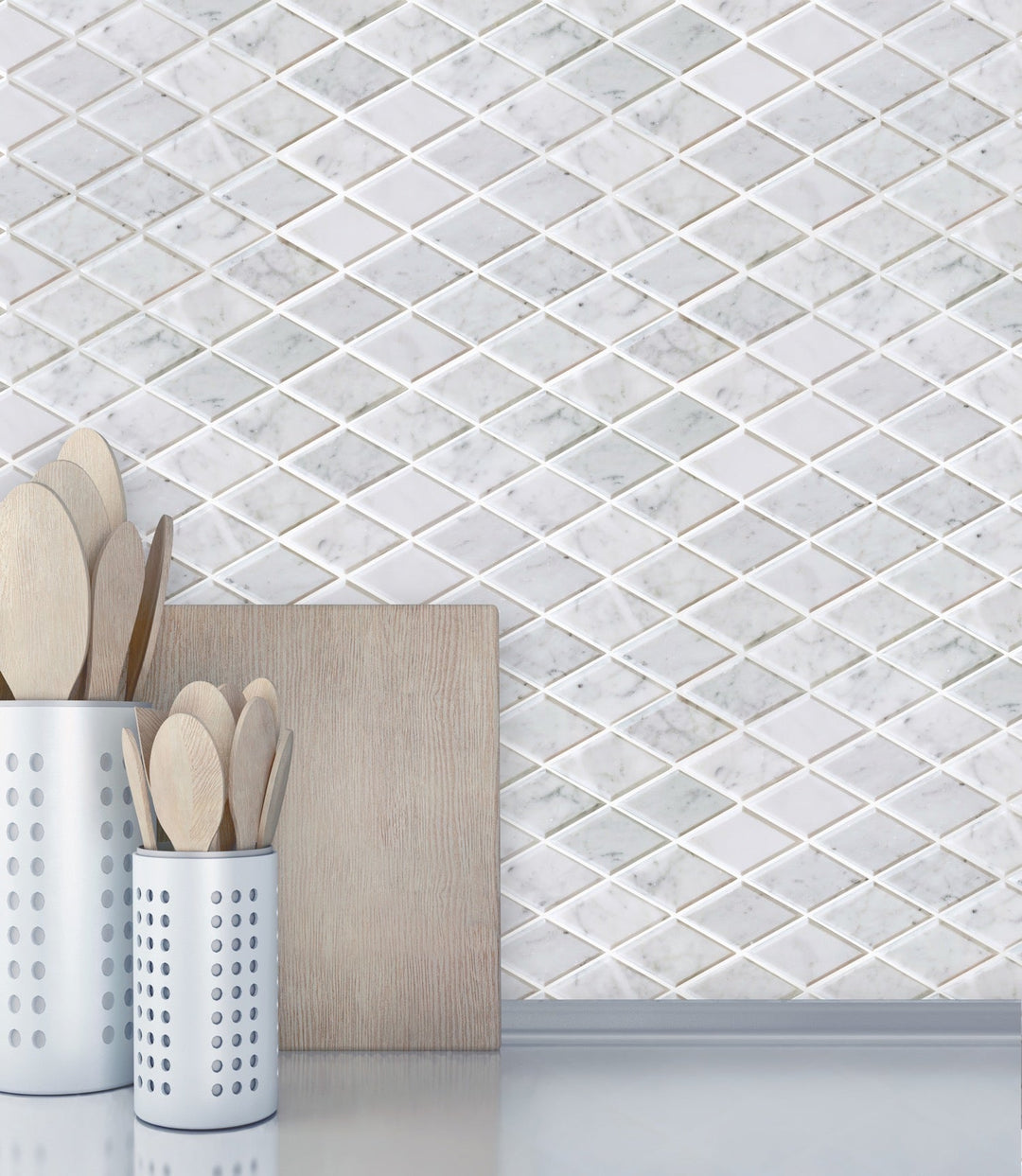 Carrara White Diamond 12-in x 12-in Beveled Marble Mosaic Wall Tile(1-sq. ft/ Piece)