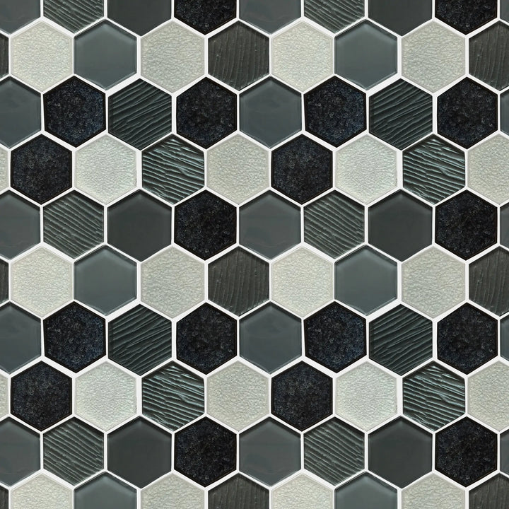 Palladian Gray Hex Glass & Porcelain Mosaic Wall Tile - Sample (Product Shown is Full Size)