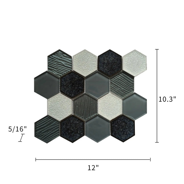 12-in x 11-in Palladian Gray Hex Glass & Porcelain Mosaic Wall Tile(0.86-sq. ft/ Piece)