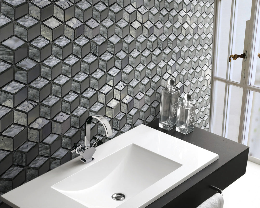 Silver Cubes Pattern Glass Mosaic Wall Tile - Sample (Product Shown is Full Size)