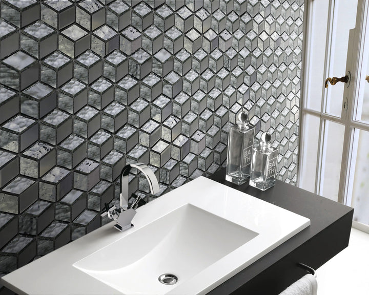 Silver Cubes Pattern 12-in x 12-1/2-in Glass Mosaic Wall Tile(1.04-sq. ft/ Piece)