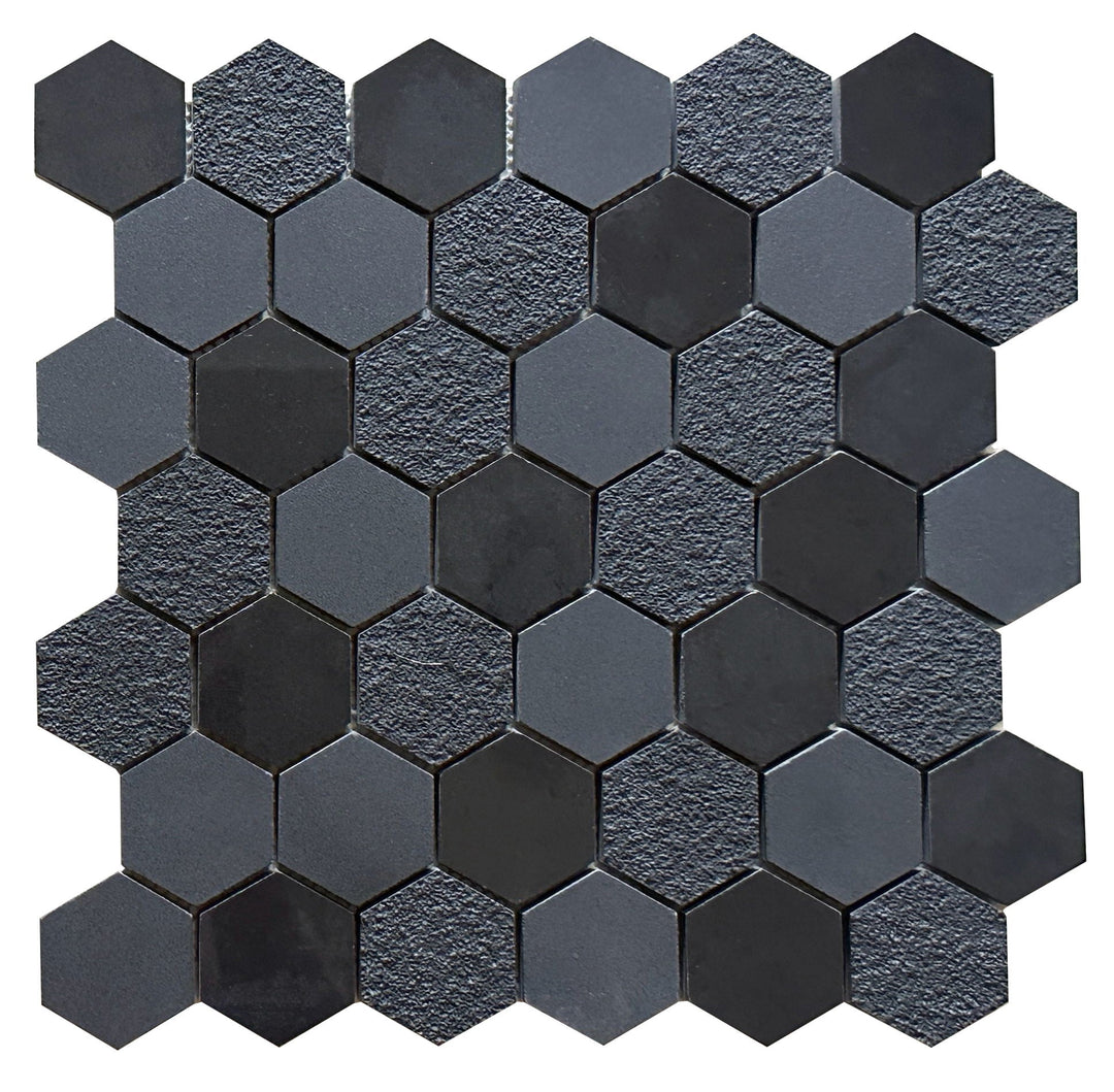 Close-up of Ancient Sky 2" Hexagon Mosaic Tile – 12x12 inch porcelain tile with intricate blue hexagonal pattern