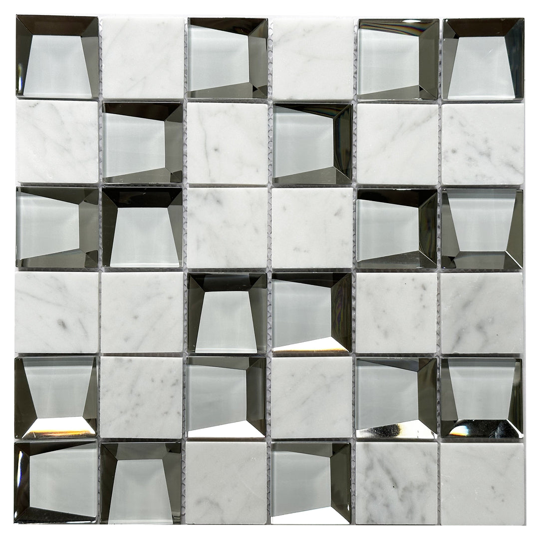  Single 12x12 inch Carrara Marble and 3D Glass Mosaic Wall Tile – elegant mix of natural marble and textured 3D glass, 1 sq. ft per piece