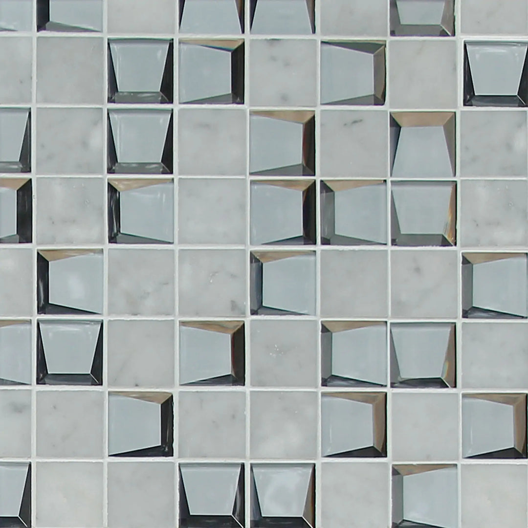 Display board featuring 12x12 inch Carrara and 3D Glass Mosaic Wall Tile – showroom sample with modern marble-glass blend