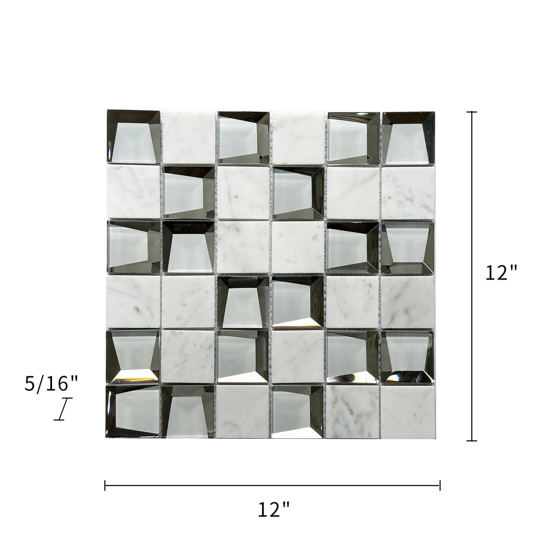 Size diagram of 12x12 inch Carrara & 3D Glass Mix Mosaic Tile – labeled layout for wall installation, 1 sq. ft coverage