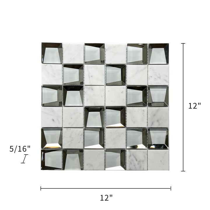 Size diagram of 12x12 inch Carrara & 3D Glass Mix Mosaic Tile – labeled layout for wall installation, 1 sq. ft coverage