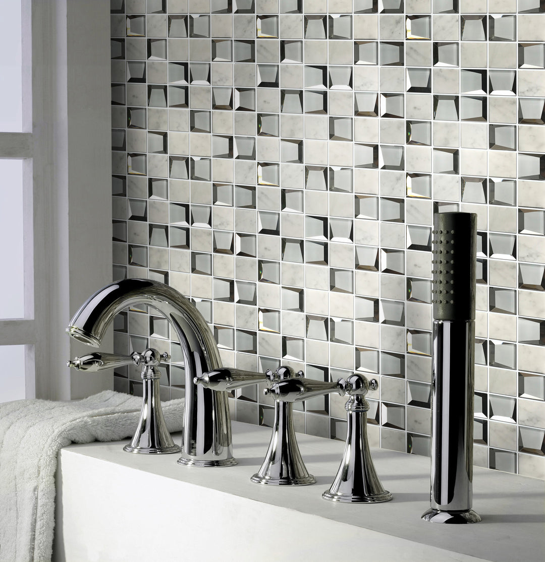 Bathroom wall featuring Carrara & 3D Glass Mix Mosaic Tiles – luxurious blend of marble and glass for a spa-like atmosphere