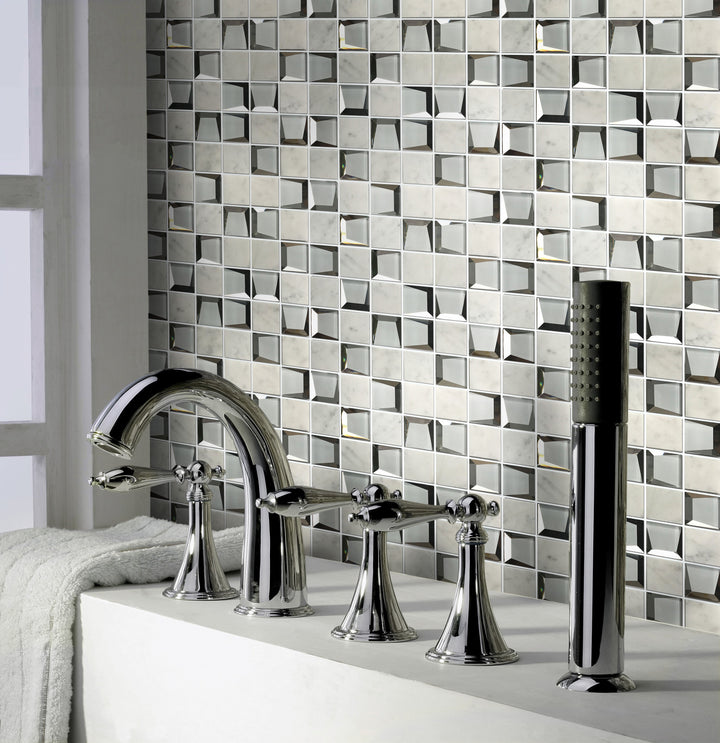 Bathroom wall featuring Carrara & 3D Glass Mix Mosaic Tiles – luxurious blend of marble and glass for a spa-like atmosphere