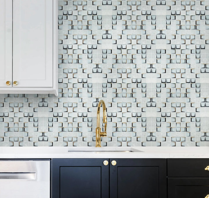 Kitchen backsplash with 12x12 Carrara Marble and 3D Glass Mosaic Tiles – modern elegance with natural stone and textured glass