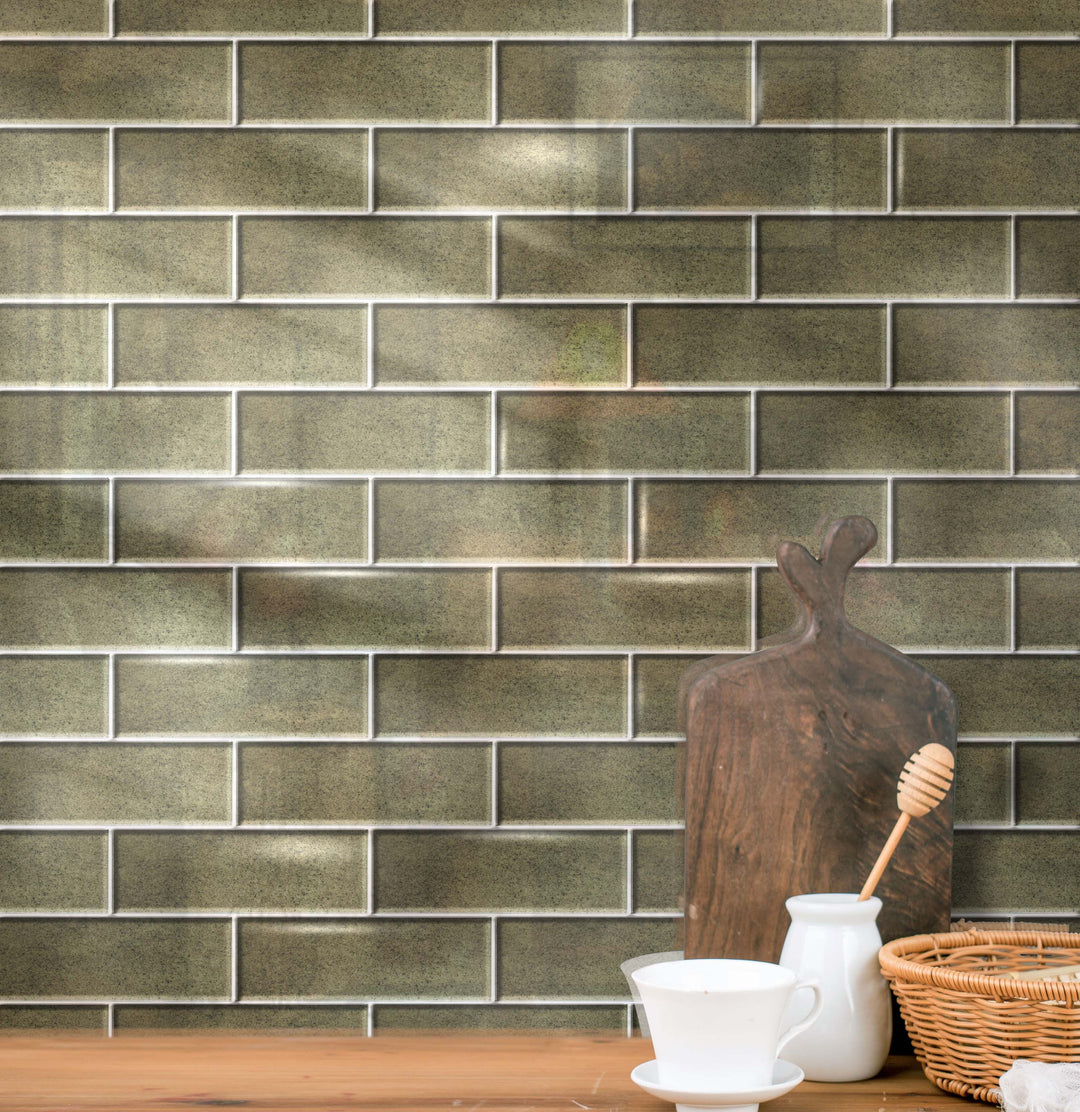 Living room with Antique Mirror 4x12 inch Glass Mosaic Tiles – reflective tiles used as a feature wall for a classic, elegant look