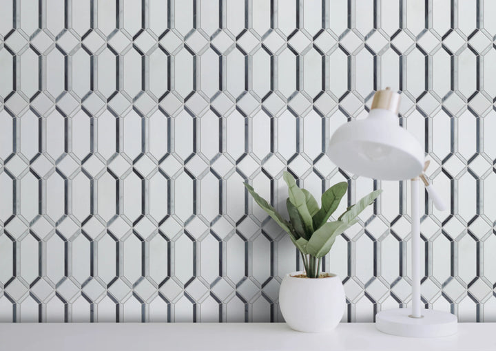 Elongated Hexagon Diamond White & Gray  Marble Mosaic  Wall Tile - Sample (Product Shown is Full Size)