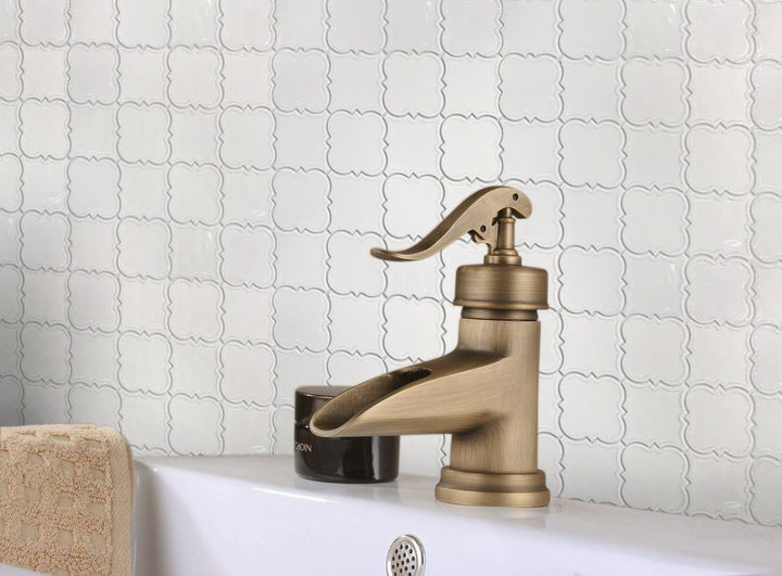 Bathroom accent wall with White Square Pattern Ceramic Mosaic Tile – bright white ceramic squares for a fresh, clean bathroom look.