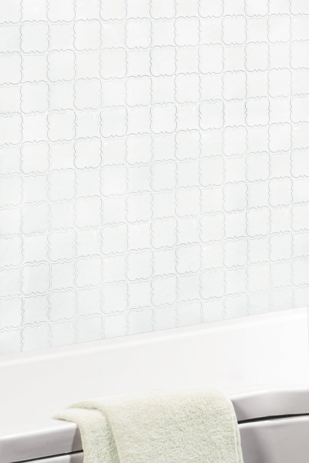 Modern kitchen featuring White Square Pattern ceramic mosaic tile – simple and elegant white design enhances the cooking space