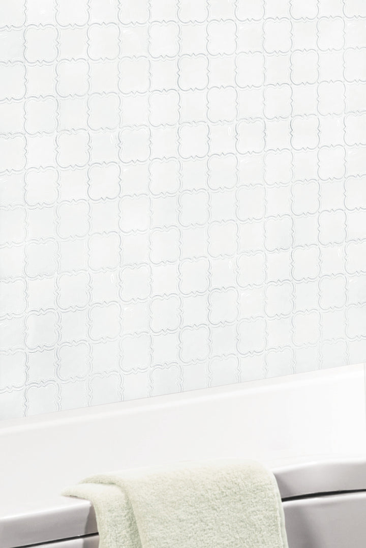 Modern kitchen featuring White Square Pattern ceramic mosaic tile – simple and elegant white design enhances the cooking space