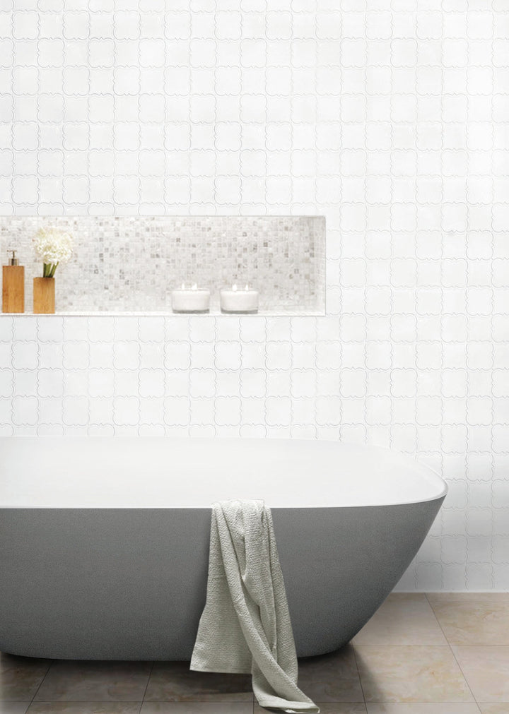 Contemporary bathroom showcasing White Square Pattern ceramic mosaic tile – white pattern adds subtle texture and brightness.