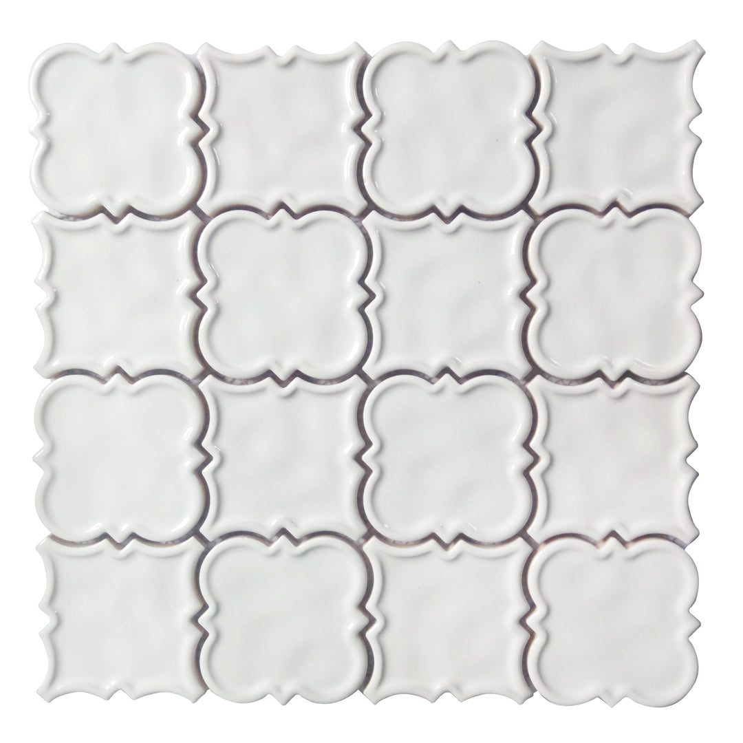 Single 12x12 inch White Square Pattern Ceramic Mosaic Tile – classic white ceramic mosaic tile with square pattern, 1 sq. ft per piece.