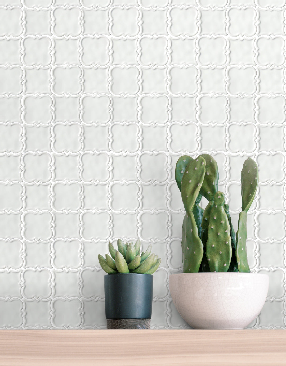 Living room feature wall tiled with White Square Pattern Ceramic Mosaic Tile – classic white squares adding a minimalist and elegant touch.