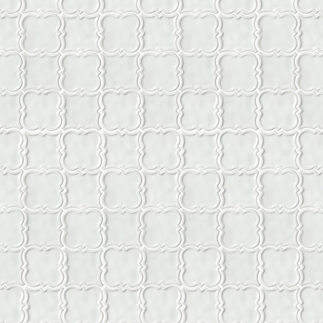 Sample display board featuring White Square Pattern Ceramic Mosaic Tile – elegant white 12x12 inch tile for showroom or design presentation.