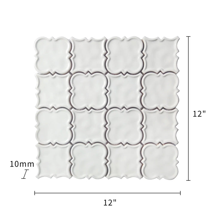 Size diagram of White Square Pattern Ceramic Mosaic Tile – 12x12 inch layout with 1 sq. ft coverage, showing tile dimensions and pattern.