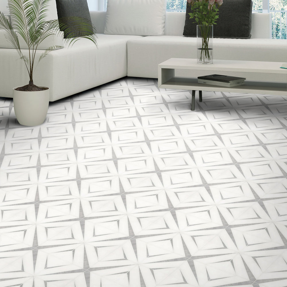 Living room floor featuring Aphrodite Light Gray Diamond Pattern Waterjet Mosaic Tile – polished marble with modern geometric design