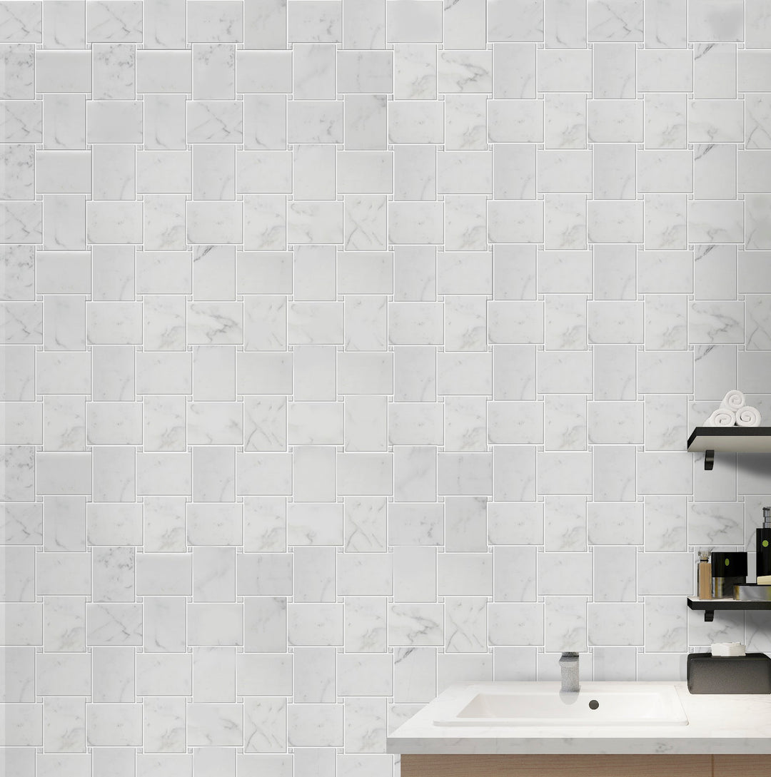 Calacatta Basketweave 11-in x 11-in Polished Mosaic Floor and Wall Tile(0.84-sq. ft/ Piece)