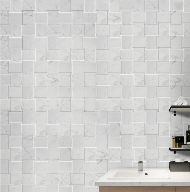 Calacatta Basketweave 11-in x 11-in Polished Mosaic Floor and Wall Tile(0.84-sq. ft/ Piece)