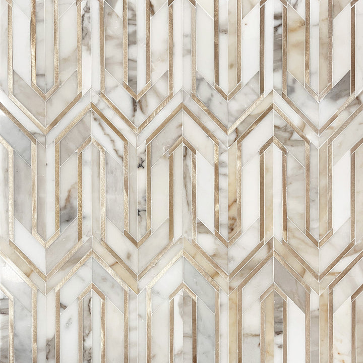 Arrows-Calacatta Gold with Gold Metal Accents 12-in x 9-in Polished Waterjet Mosaic Wall Tile(0.75-sq. ft/ Piece)