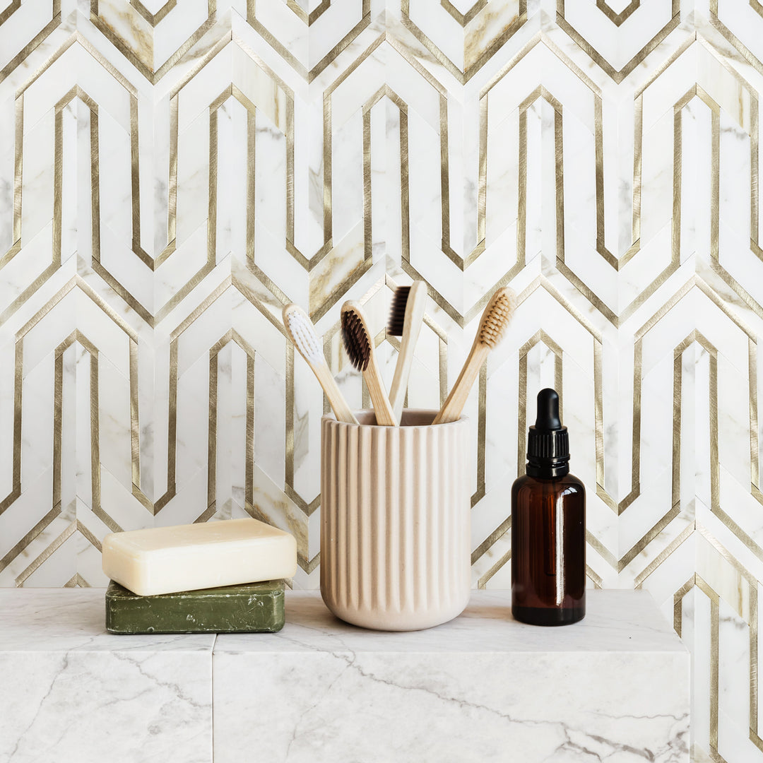 Arrows-Calacatta Gold with Gold Metal Accents 12-in x 9-in Polished Waterjet Mosaic Wall Tile(0.75-sq. ft/ Piece)