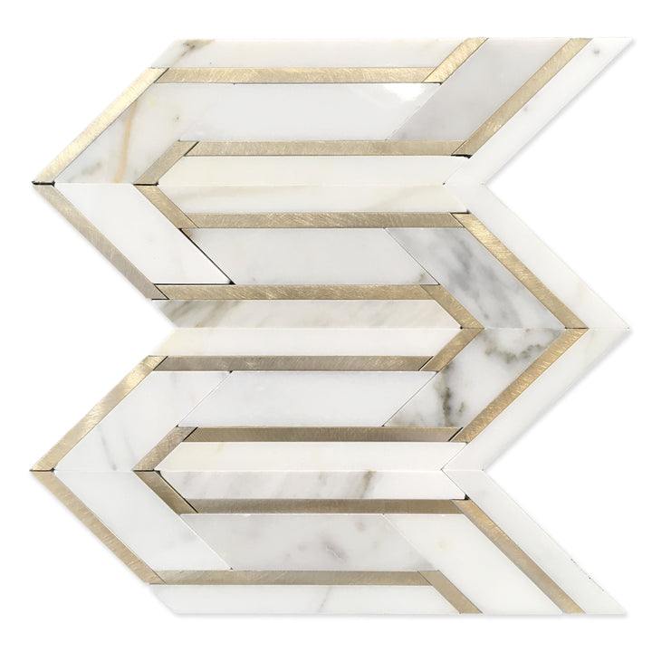 Arrows-Calacatta Gold with Gold Metal Accents 12-in x 9-in Polished Waterjet Mosaic Wall Tile(0.75-sq. ft/ Piece)