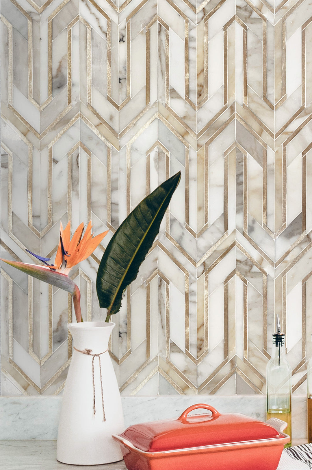 Arrows-Calacatta Gold with Gold Metal Accents 12-in x 9-in Polished Waterjet Mosaic Wall Tile(0.75-sq. ft/ Piece)