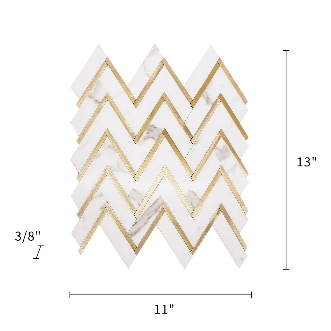 Zigzag Calacatta White with Gold Metal 13-in x 11-in Waterjet Mosaic Wall Tile(1-sq. ft/ Piece)