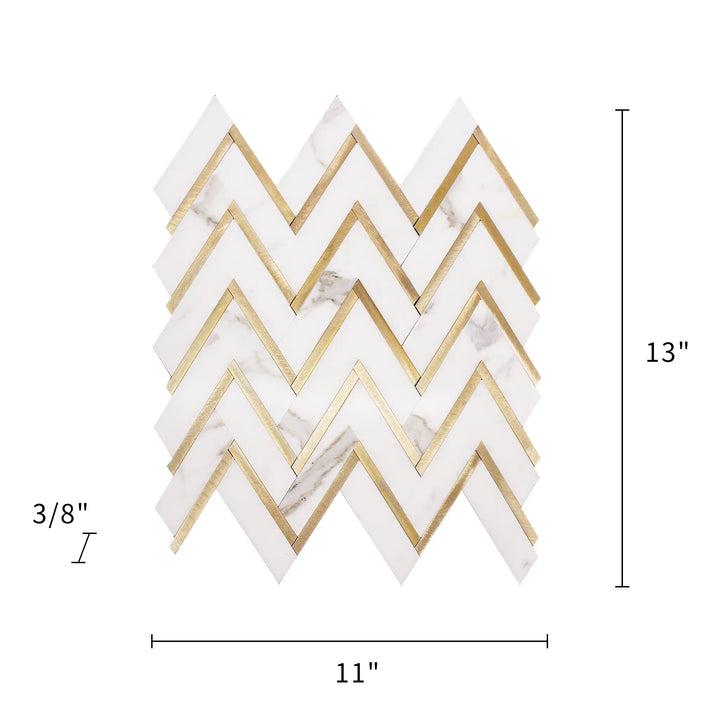 Zigzag Calacatta White with Gold Metal 13-in x 11-in Waterjet Mosaic Wall Tile(1-sq. ft/ Piece)