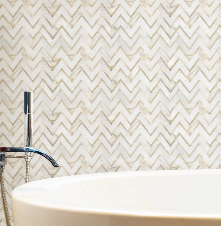 Zigzag Calacatta White with Gold Metal 13-in x 11-in Waterjet Mosaic Wall Tile(1-sq. ft/ Piece)