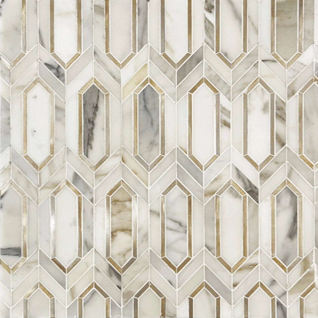 Calacatta Gold with Metal Elongated Hexagon 12-in x 12-in Waterjet Mosaic Wall Tile(1-sq. ft/ Piece)