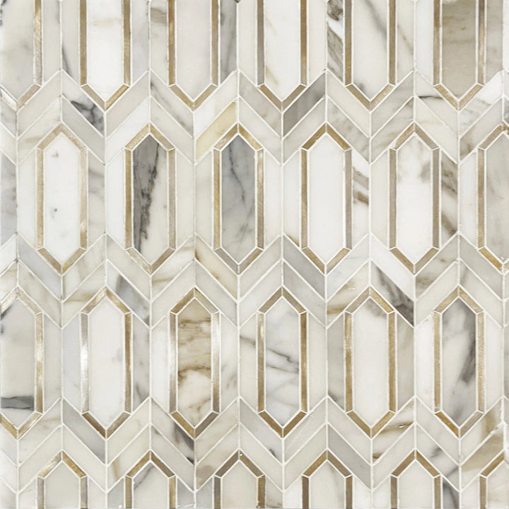 Calacatta Gold with Metal Elongated Hexagon 12-in x 12-in Waterjet Mosaic Wall Tile(1-sq. ft/ Piece)