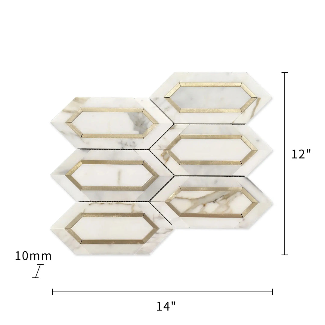 Calacatta Gold with Metal Elongated Hexagon 12-in x 12-in Waterjet Mosaic Wall Tile(1-sq. ft/ Piece)