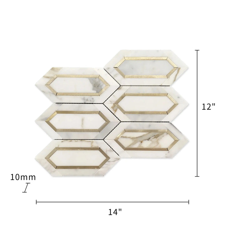 Calacatta Gold with Metal Elongated Hexagon 12-in x 12-in Waterjet Mosaic Wall Tile(1-sq. ft/ Piece)