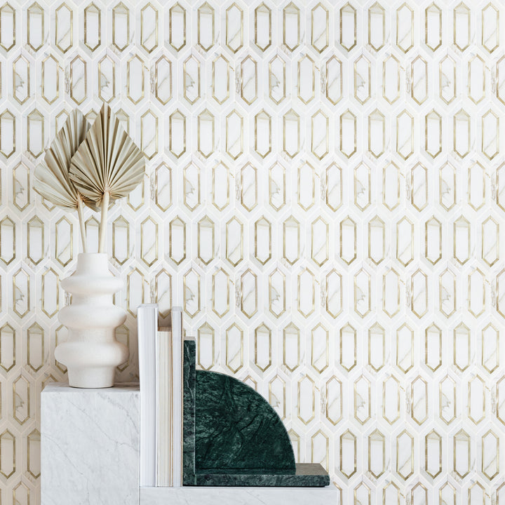 Calacatta Gold with Metal Elongated Hexagon 12-in x 12-in Waterjet Mosaic Wall Tile(1-sq. ft/ Piece)