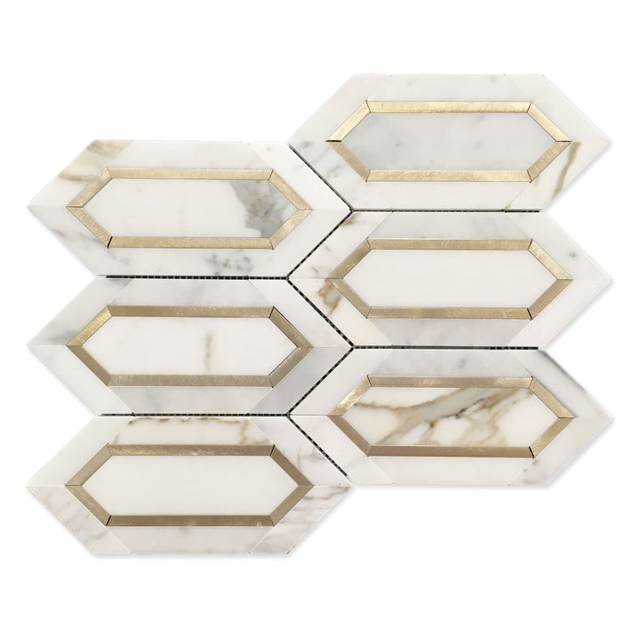 Calacatta Gold with Metal Elongated Hexagon 12-in x 12-in Waterjet Mosaic Wall Tile(1-sq. ft/ Piece)