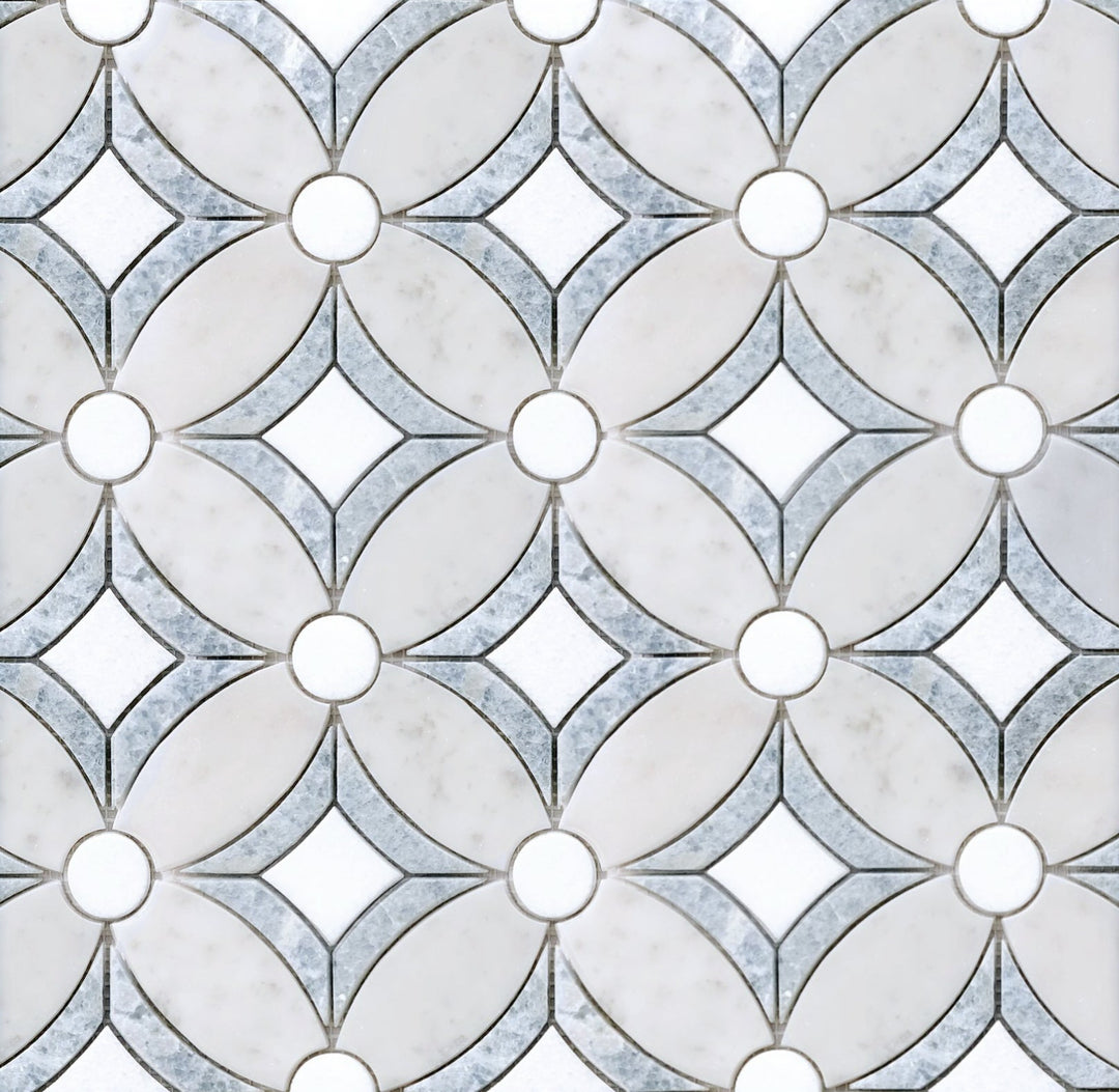  Display board of Carrara & Argentina Blue Waterjet Mosaic Tile – showroom sample featuring white, gray, and blue marble pattern