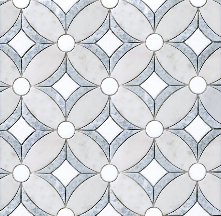  Display board of Carrara & Argentina Blue Waterjet Mosaic Tile – showroom sample featuring white, gray, and blue marble pattern