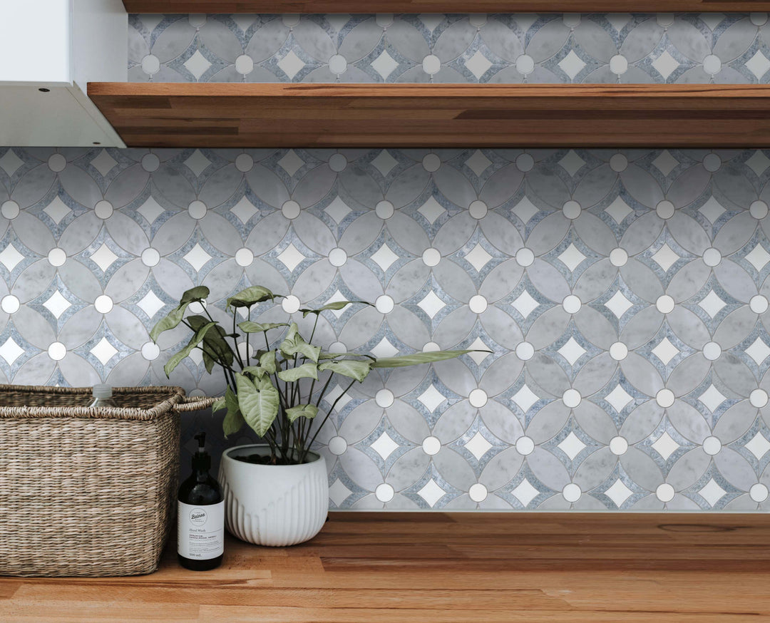 Kitchen wall with polished Carrara & Argentina Blue Waterjet Mosaic Tile – elegant marble mosaic backsplash blending white and blue shades for a refined look