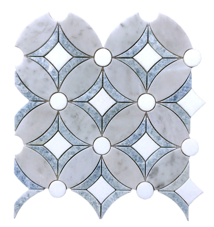 Single 12x12 inch Carrara, Thassos & Argentina Blue Waterjet Mosaic Tile – polished marble mosaic in white, gray, and soft blue tones