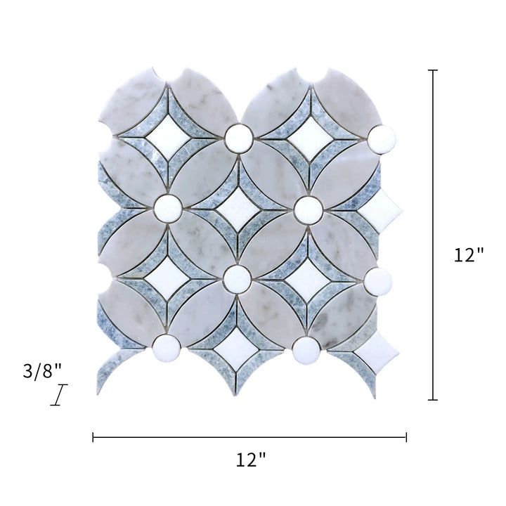Size diagram of 12x12 inch Carrara & Argentina Blue Mosaic Tile – labeled for floor and wall use, polished finish