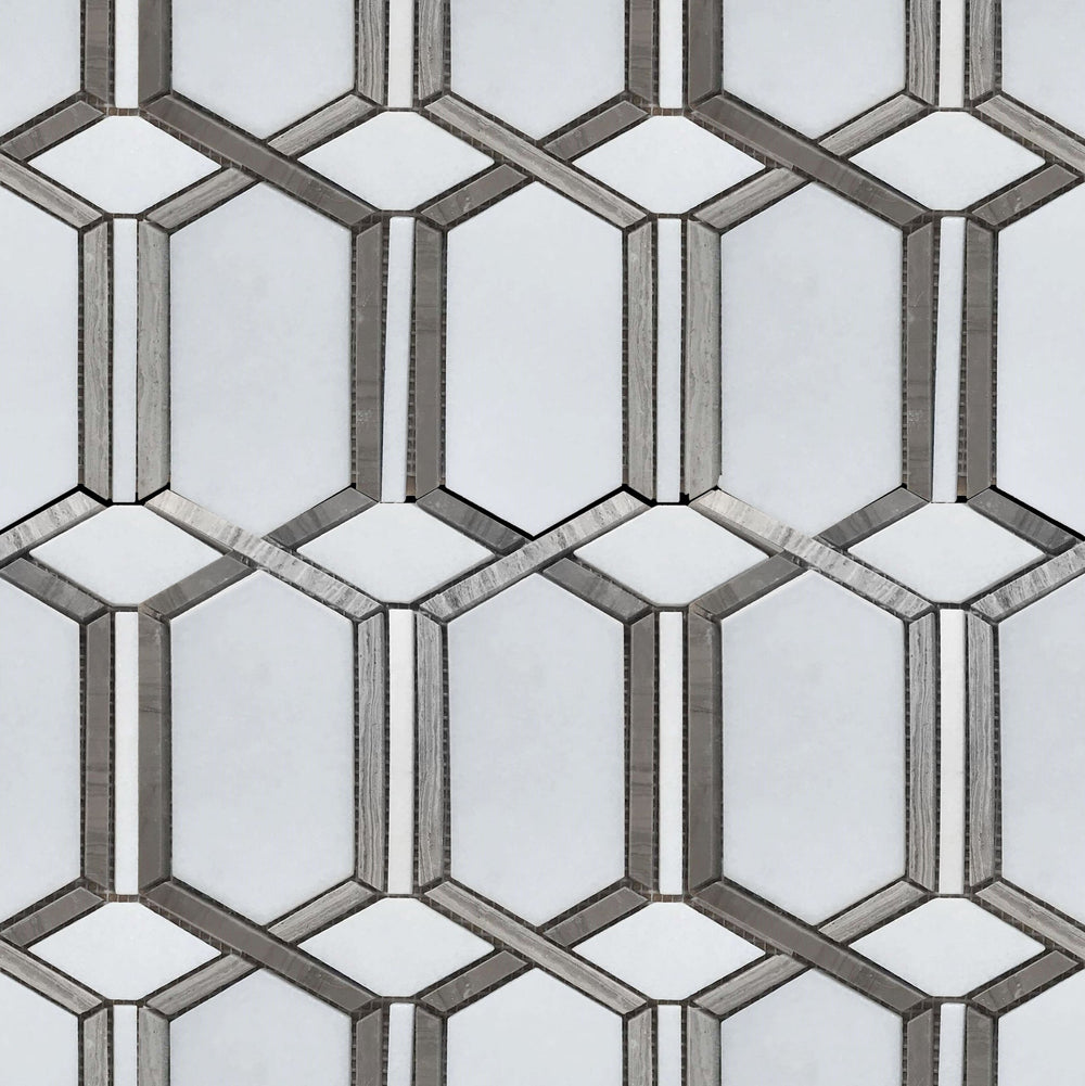 Sample board showing 12x12 inch polished waterjet mosaic with mixed materials – white, brown, and gray tile combination