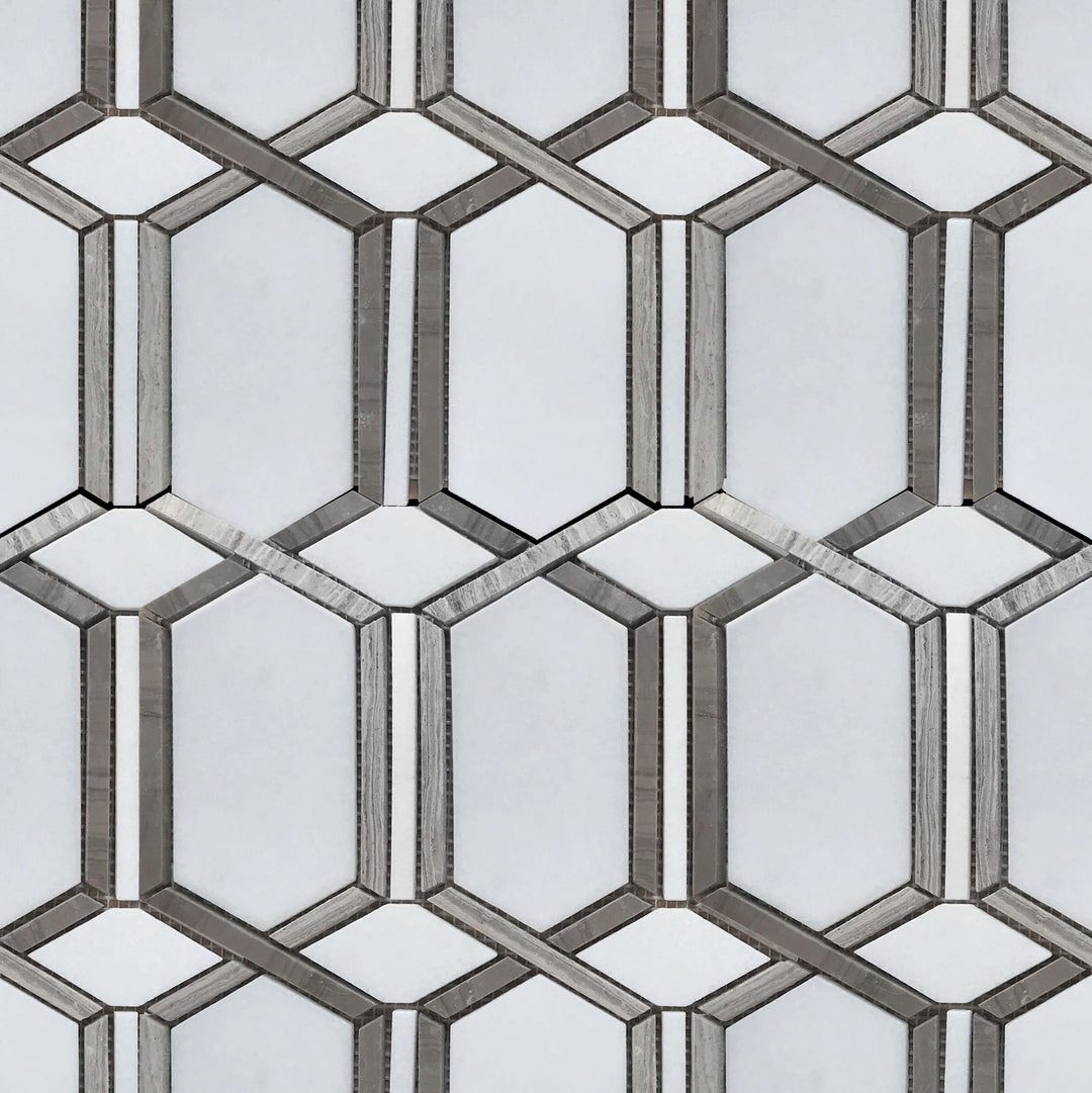 Sample board showing 12x12 inch polished waterjet mosaic with mixed materials – white, brown, and gray tile combination