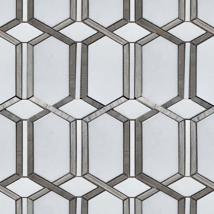 Sample board showing 12x12 inch polished waterjet mosaic with mixed materials – white, brown, and gray tile combination
