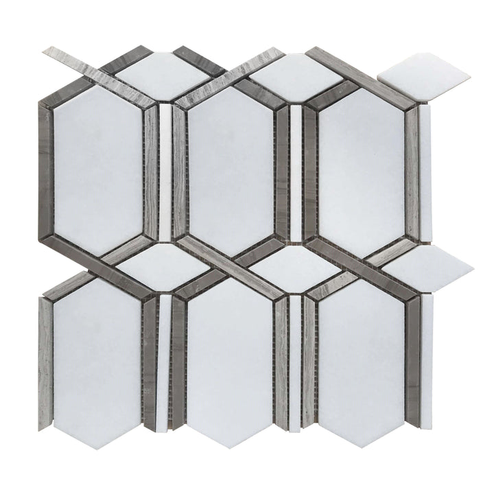 Close-up of Thassos & Athens Gray Waterjet Mosaic – natural stone and wood-texture tile with precise polished cut