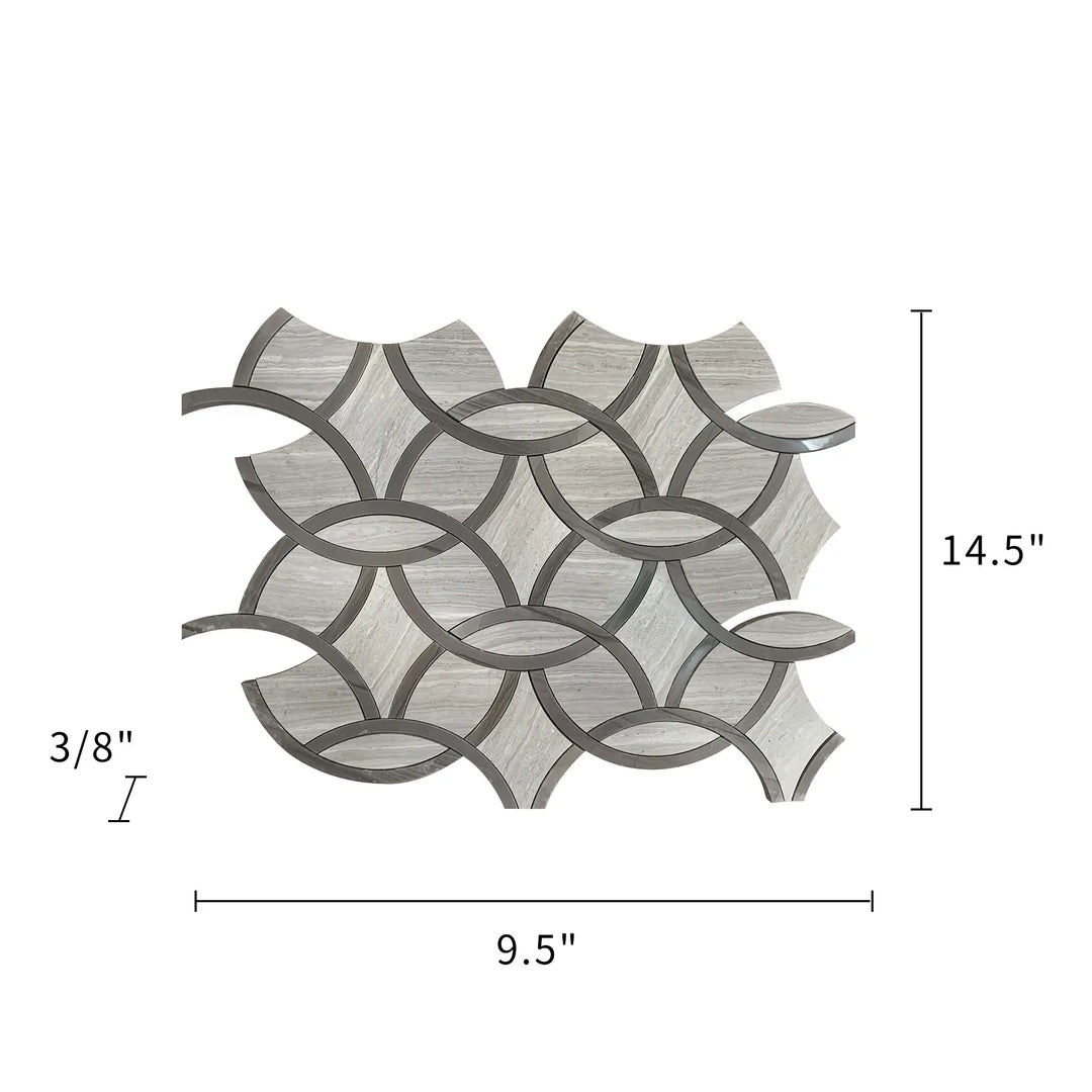 Size diagram of WW & Athens Gray Interlocking Circles Waterjet Mosaic – 9.5x14.5 inch tile labeled for wall and floor use